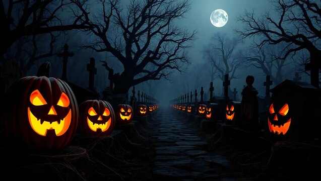 Spooky halloween jack-o'-lanterns glow in a moonlit haunted forest at night white background - Powered by Adobe