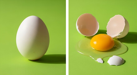 Raw Egg vs. Cracked Egg with Yolk and White on Green Background tasty 