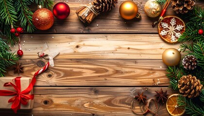 Festive Christmas arrangement featuring ornaments, greenery, and gifts on a wood surface