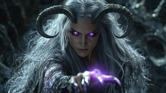 Mystical woman with horns and glowing eyes casts a spell in a fantasy setting