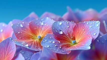 Close-up of vibrant hydrangea flowers with water droplets, set against a soft blue background. The petals display a beautiful gradient of colors.