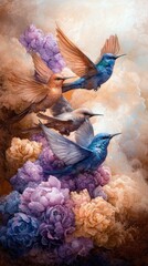 Fototapeta premium A group of hummingbirds in flight above a cluster of colorful flowers, rendered in a soft, painterly style with a dreamy atmosphere.