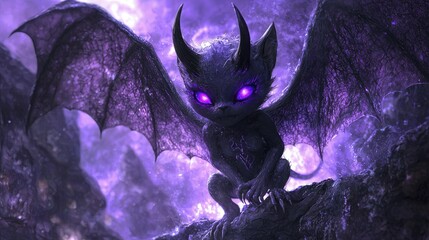 Fantasy creature with glowing eyes and horns perched on a rocky surface