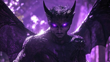 A fearsome demon with glowing purple eyes and large horns stares intently