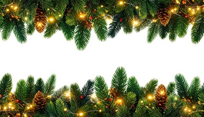 Festive Christmas garland borders, filled with pine, cones, glowing lights, and berries