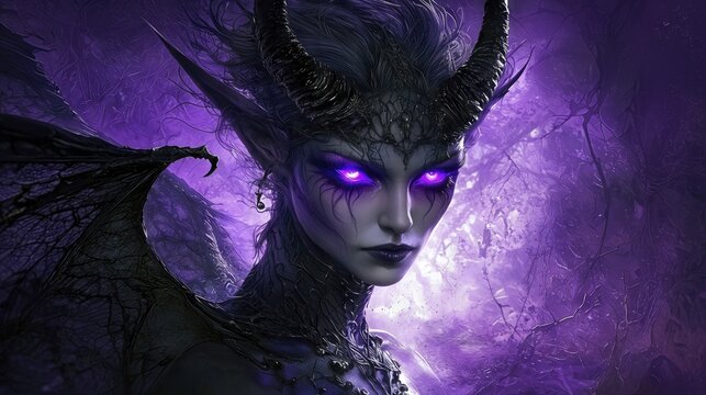 Mystical fae queen with glowing purple eyes and dark horns in a fantasy setting - Powered by Adobe