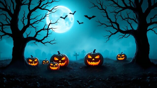 Spooky halloween scene with jack-o'-lanterns bats and full moon under silhouetted trees white background