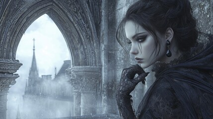 Gothic woman in black dress with a cathedral in the background