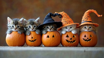 Naklejka premium Five adorable kittens sitting inside carved pumpkins, wearing witch hats and Halloween hats, perfect for the spooky holiday.