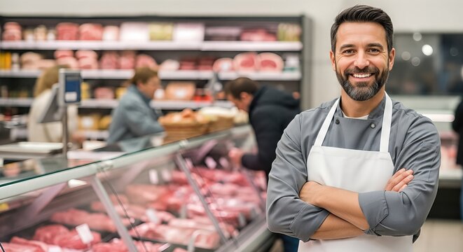 Smiling male butcher in gray shirt and white apron stands confidently in front of fresh meat display, showcasing quality products in a vibrant supermarket environment with customers shopping nearby