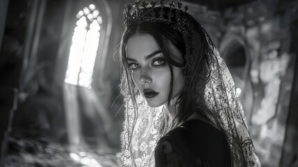 Mysterious woman in a crown and veil in a gothic cathedral setting