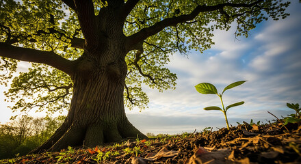 Tree of Life: Ancient Oak Tree and New Seedling Growth Comparison