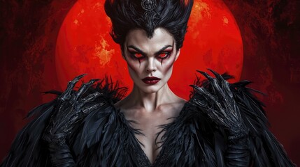 Mysterious woman with red eyes and a dark, gothic aesthetic against a red moon