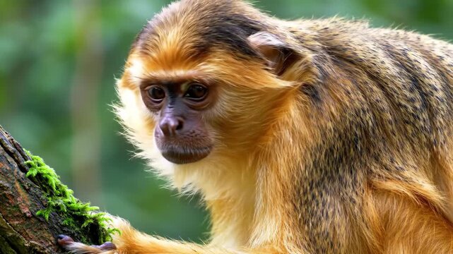 Profile view of simian perched on moss-covered branch in jungle setting