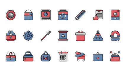 Set of 25 Flat Icons Representing Luggage, Containers, and Travel Accessories