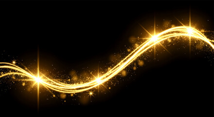 Golden glittering wave with sparkling light effect on black background