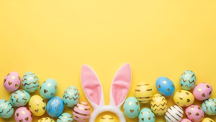  Colorful Easter Eggs and Pink Bunny Ears Border on Yellow Background with Copy Space