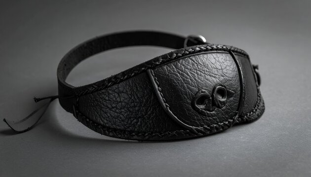 Close-up of a black leather eye patch with intricate details and stitching, resting on a dark gray surface.