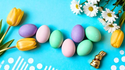  Pastel Easter Eggs with Yellow Tulips and Daisies Flat Lay on Blue Background