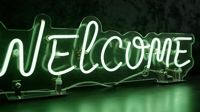 Glowing green neon sign displays "WELCOME" against a dark, velvety backdrop