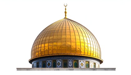 Gleaming golden dome of a religious structure, adorned with crescent finial, isolated on white