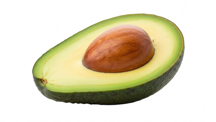 Half of a ripe avocado with the large brown seed visible, isolated on transparent background