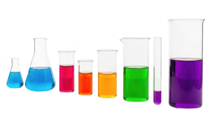 Row of glass beakers and test tubes are lined up in a row. isolated illustration on  transparent background PNG