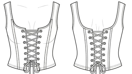 Fashion illustration of a corset with laces, front and back views, fashion design