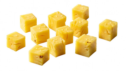 A collection of fresh, ripe pineapple chunks cut into perfect cubes, isolated on transparent background