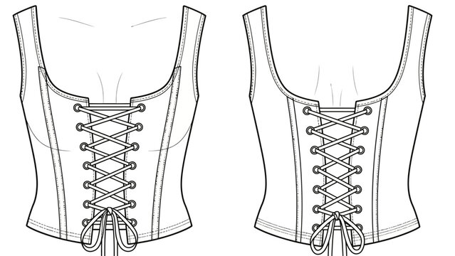 Fashion illustration of a corset with laces, front and back views, fashion design