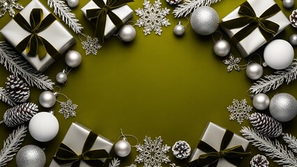  Olive Green and Silver Christmas Background with Gifts and Ornaments Frame