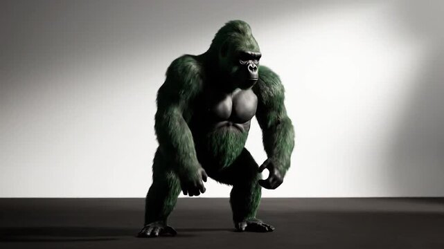 A digitally rendered green gorilla stands on a dark surface against a white background