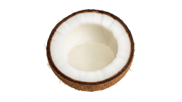 Half coconut fruit with white flesh and brown shell isolated on transparent background