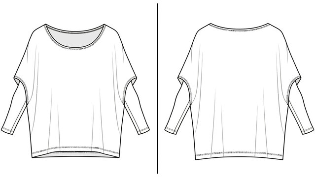 Fashion flat sketch of a loose fit dolman sleeve top, front and back view