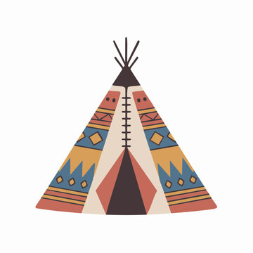 Colorful teepee with traditional geometric patterns, a Native American dwelling illustration.