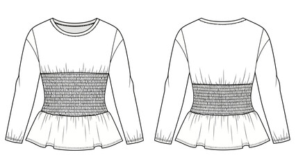Fashion illustration of a long sleeve peplum top with smocked waist detail front and back view