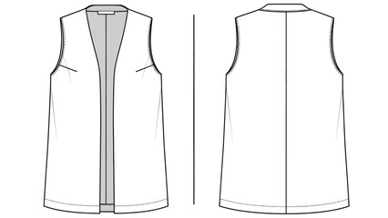 Flat fashion sketch of a sleeveless open-front blazer, front and back views, vector drawing
