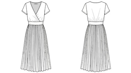 Fashion illustration of a sophisticated V-neck wrap dress with a flowing pleated skirt, shown from front and back views