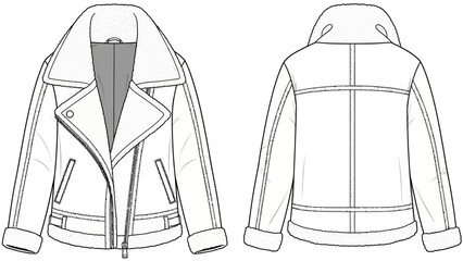 Front and back view illustration of a classic moto jacket design with a wide collar