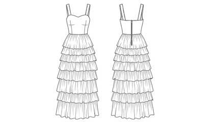 Fashion illustration of a layered ruffle tiered sleeveless dress with zipper detail