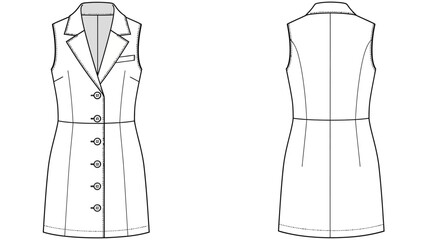 Sleeveless Button-Up Blazer Dress Fashion Illustration with Front and Back Views