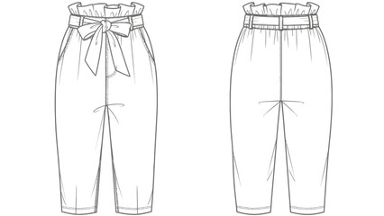 Fashionable paper bag waist trousers, front and back views, for design and illustration purposes