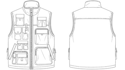 Front and back view illustration of a practical utility vest with multiple pockets