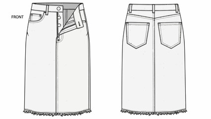 Fashion design illustration of a denim skirt with a frayed hem and classic pocket details