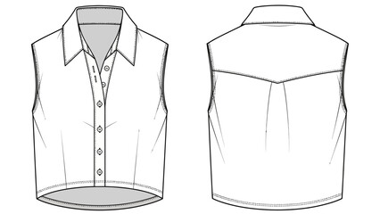 Sleeveless Collared Crop Top Fashion Flat Sketch with Front and Back View