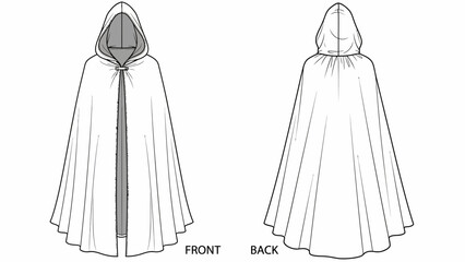 Front and back view of a simple hooded cape or cloak, a piece of apparel with a cape and hood