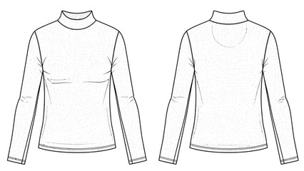 Fashion design flat sketch of a women's long-sleeved mock neck top with a flared sleeve detail