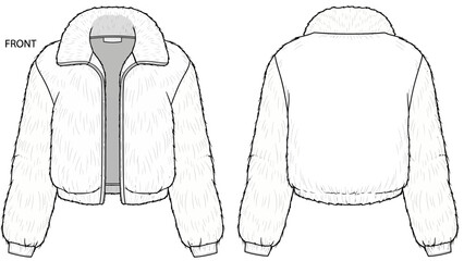 Fashion illustration of a fluffy cropped jacket with a zipper, front and back view