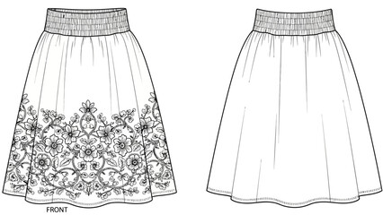 Fashion illustration of a floral embroidered skirt with elasticated waistband front and back view