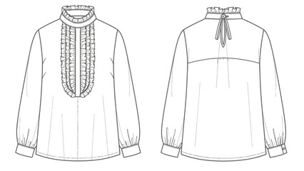 Fashion illustration of a high-neck ruffled blouse with tie back detail